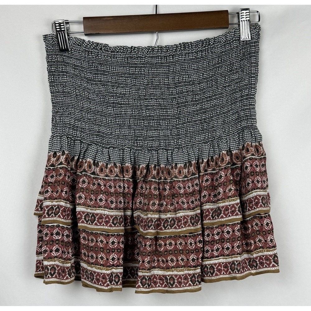 Veronica Beard Silk Smocked Mini Skirt Size 2 Tiered Paisley Gingham Ruffle Boho